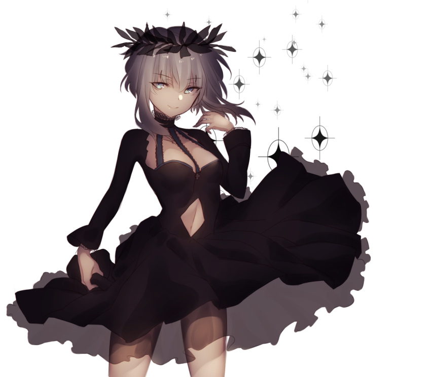 1girl am_isuel black_dress blue_eyes clothing_cutout dress laurel_crown long_sleeves navel navel_cutout rance_(series) short_hair short_hair_with_long_locks sidelocks sideways_glance silver_hair simple_background smile solo sparkle white_background yononaka