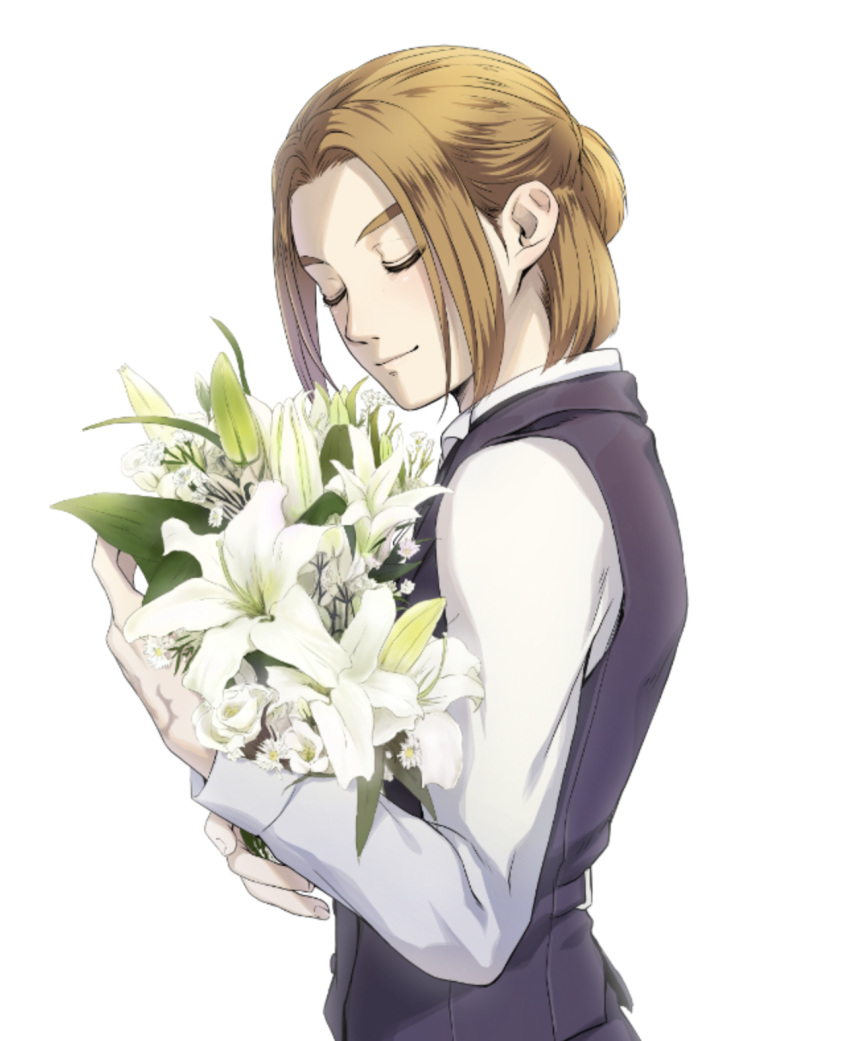 1boy alternate_costume black_vest blonde_hair bouquet closed_eyes collared_shirt commentary_request dragon_quest dragon_quest_xi flower from_side hand_tattoo hero_(dq11) highres holding holding_bouquet holding_flower long_sleeves male_focus mondi_hl object_hug shirt short_hair short_ponytail simple_background smile solo upper_body vest white_background white_flower white_shirt