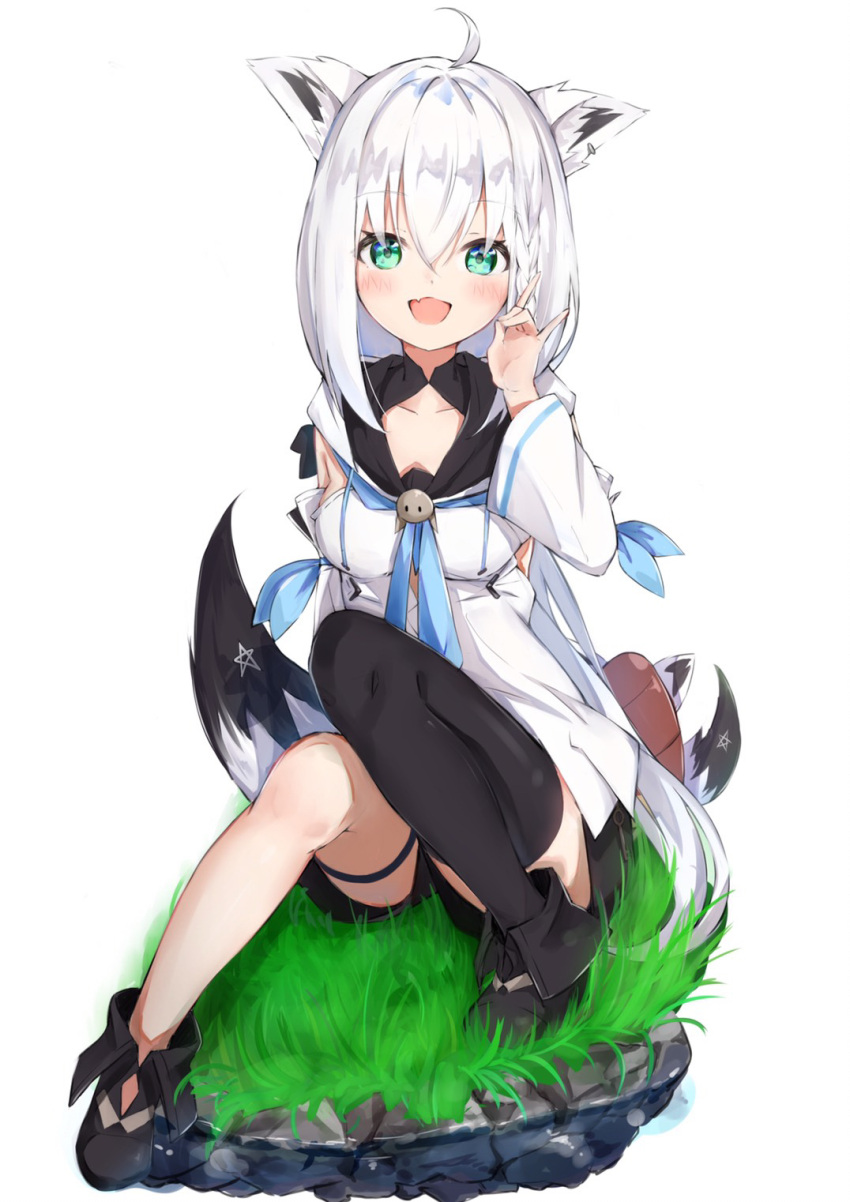 1girl :d animal_ear_fluff animal_ears auui bangs black_footwear black_legwear blush boots breasts commentary_request detached_sleeves eyebrows_visible_through_hair fox_ears fox_girl fox_shadow_puppet fox_tail full_body green_eyes hair_between_eyes hand_up highres hololive knees_up long_hair long_sleeves looking_at_viewer open_mouth oruyanke_(shirakami_fubuki) shirakami_fubuki single_thighhigh small_breasts smile solo tail thigh-highs thighhighs_under_boots very_long_hair virtual_youtuber white_hair white_sleeves wide_sleeves