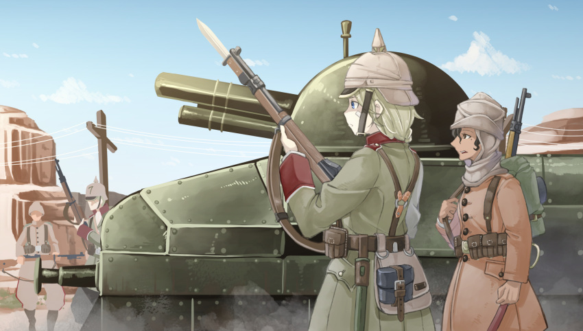 2boys 2girls ammunition_pouch backpack bag bandage_on_face bandages bayonet black_hair blonde_hair blue_eyes blurry bolt_action boots brown_eyes clouds dark_skin depth_of_field ground_vehicle gun hat helmet highres hijab hill ikeshiki-chuujou load_bearing_equipment mauser_98 mess_kit military military_uniform military_vehicle mole mole_under_eye motor_vehicle multiple_boys multiple_girls open_mouth original ottoman_empire outdoors pickelhaube pouch power_lines profile rifle sky sling soldier tank trench_coat uniform utility_pole weapon world_war_i