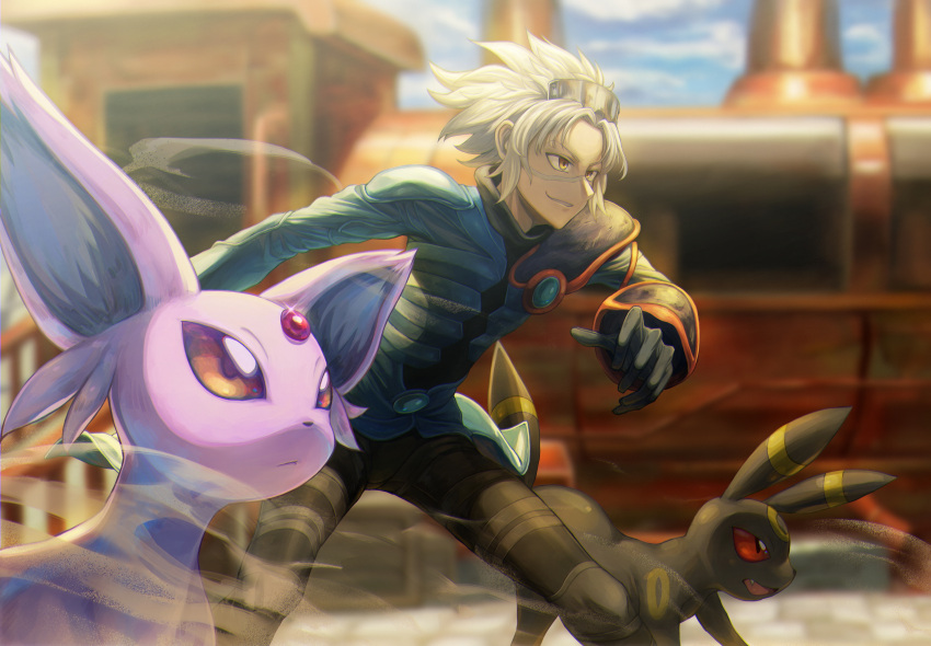 1boy absurdres bangs black_pants blurry blurry_background brown_eyes clouds commentary_request day espeon eyebrows_visible_through_hair floating_hair gen_2_pokemon gloves highres leaning_forward legs_apart long_sleeves male_focus milmir outdoors pants parted_bangs parted_lips pokemon pokemon_(game) pokemon_colosseum sand sky smirk standing traditional_media umbreon watercolor_(medium) wes_(pokemon) white_hair