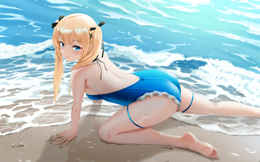 1girl all_fours ass azur_lane back bare_legs bare_shoulders barefoot beach black_ribbon blonde_hair blue_eyes blue_swimsuit blush breasts casual_one-piece_swimsuit closed_mouth commentary dead_or_alive frilled_swimsuit frills from_side gan-viking hair_ornament hair_ribbon highres long_hair looking_at_viewer looking_to_the_side marie_rose medium_breasts neck_garter ocean one-piece_swimsuit revision ribbon sideboob smile soles solo swimsuit thigh_strap toes twintails water x_hair_ornament