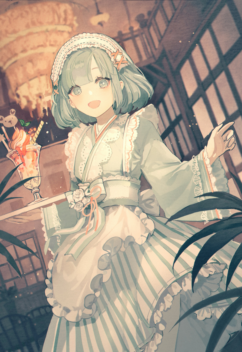 1girl :d absurdres apron bangs blush bob_cut chandelier dress flat_chest grey_dress grey_eyes grey_hair hairband highres indoors lolita_fashion lolita_hairband looking_at_viewer maid maid_apron maid_headdress open_mouth original pantyhose parfait senryoko short_hair smile solo standing striped striped_dress waitress white_legwear wide_sleeves wind wind_lift