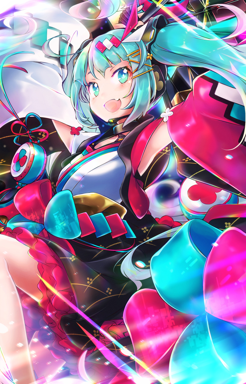 1girl akino_coto aqua_eyes aqua_hair arms_up bangs detached_sleeves frilled_skirt frills hair_ornament hairclip hatsune_miku headset highres japanese_clothes looking_at_viewer open_mouth skirt solo twintails vocaloid