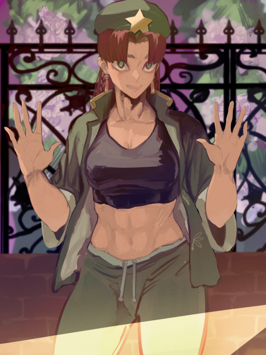 1girl abs alternate_costume braid cowboy_shot day drawstring earrings fence green_pupils hands_up highres hong_meiling hotoke_party jewelry long_hair looking_at_viewer navel open_clothes open_shirt outdoors outstretched_hand pants parted_lips red_eyes redhead shade shirt solo sports_bra spread_fingers stomach teeth toned touhou twin_braids