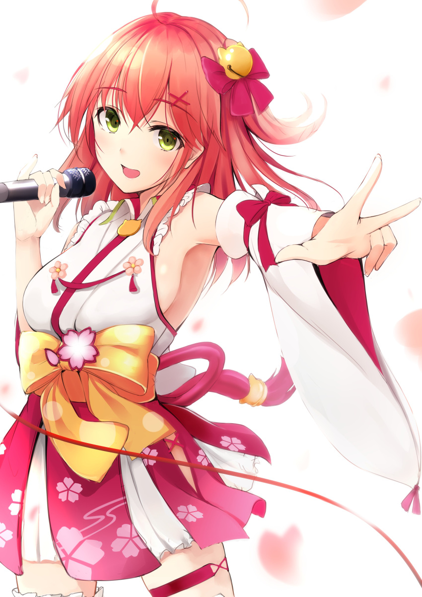 1girl absurdres ahoge armpits bell breasts cherry_blossom_print floral_print green_eyes hair_bell hair_ornament hair_over_shoulder hairclip hazuki_gyokuto highres holding holding_microphone hololive leg_garter microphone open_mouth petals pink_hair sakura_miko sideboob solo virtual_youtuber w x_hair_ornament
