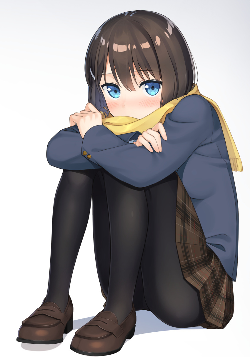 1girl absurdres apollo_(hu_maple) bangs black_hair black_legwear blazer blue_eyes blue_jacket blush brown_footwear brown_skirt commentary_request covered_mouth crossed_arms eyebrows_visible_through_hair fringe_trim full_body grey_background hair_between_eyes highres jacket knees_up loafers long_sleeves looking_at_viewer nose_blush original pantyhose plaid plaid_skirt pleated_skirt scarf school_uniform shadow shoes skirt sleeves_past_wrists solo yellow_scarf