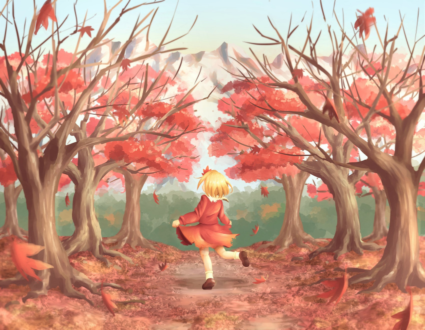 1girl aki_shizuha autumn autumn_leaves bare_tree blonde_hair blue_sky bobby_socks brown_footwear calcmis_gowa commentary_request day facing_away from_behind hair_ornament highres leaf leaf_hair_ornament lifted_by_self long_sleeves maple_leaf mountain outdoors red_shirt red_skirt shirt short_hair skirt skirt_lift sky socks solo standing standing_on_one_leg touhou tree white_legwear wide_shot
