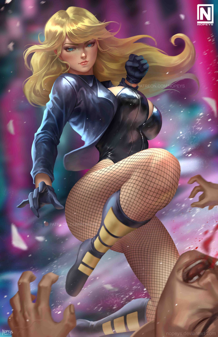 1boy 1girl absurdres bangs black_canary black_leotard blonde_hair blood blue_eyes blurry blurry_background boots breasts clenched_hand dc_comics expressionless fishnet_legwear fishnets highres jacket large_breasts leather leather_jacket leotard lips lipstick long_hair looking_at_viewer makeup norman_de_mesa pantyhose solo_focus superhero