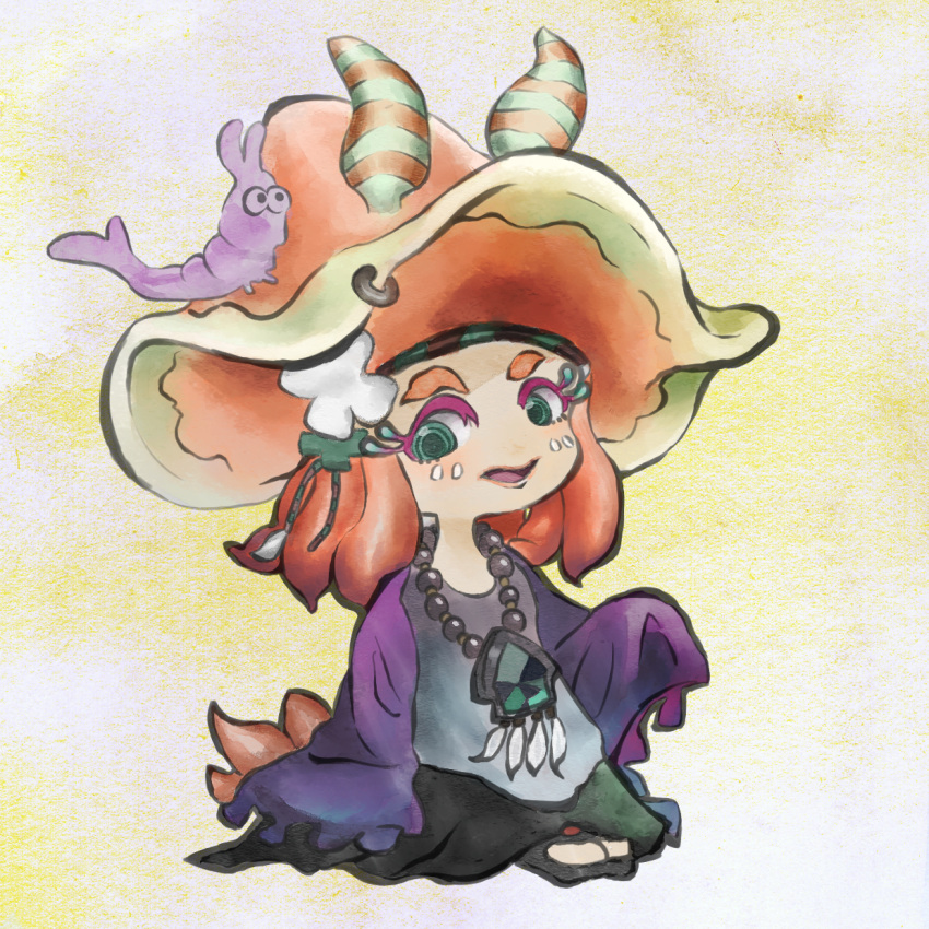 1girl :d antennae aqua_eyes bead_necklace beads black_footwear black_skirt ebii_(splatoon) eyelashes feathers full_body grey_shirt hair_ornament highres jacket jewelry long_hair long_sleeves miura_(splatoon) necklace nishikuromori no_nose open_clothes open_jacket open_mouth orange_hair piercing purple_jacket sandals shirt shrimp skirt sleeves_past_fingers sleeves_past_wrists smile solo splatoon_(series) splatoon_2 wide_sleeves