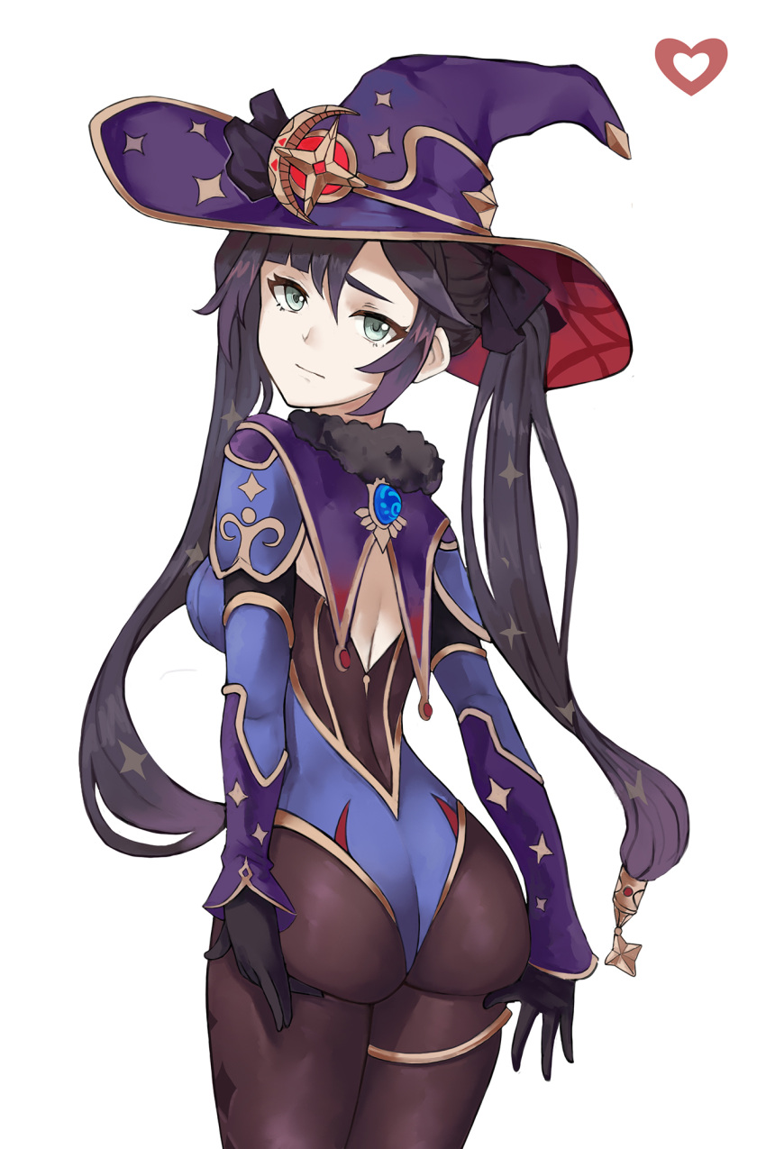 1girl black_legwear blue_leotard blush bow cowboy_shot fur_trim genshin_impact gloves green_eyes hair_bow half-closed_eyes hand_on_own_ass hat highres iiros leotard looking_at_viewer looking_back mona_(genshin_impact) pantyhose purple_hair simple_background solo twintails white_background witch_hat