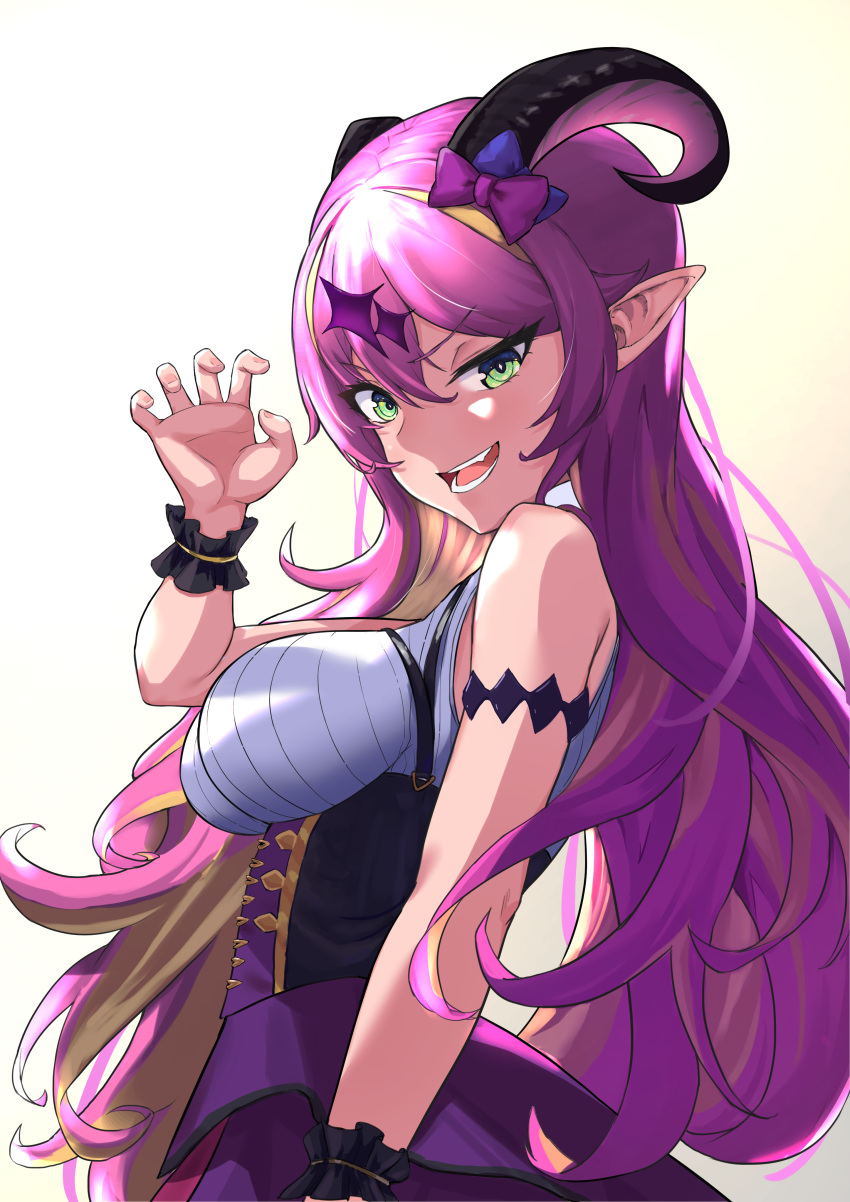 1girl absurdres arm_at_side armlet blonde_hair bow breasts bustier claw_pose colored_inner_hair demon_girl demon_horns fang frilled_cuffs from_side green_eyes grin hair_bow hand_up highres hololive horns large_breasts long_hair mano_aloe multicolored_hair open_mouth oukafafafa pink_hair pointy_ears purple_skirt ribbed_shirt shirt simple_background skirt sleeveless sleeveless_shirt smile smirk solo sparkle_hair_ornament two-tone_hair very_long_hair virtual_youtuber white_background wrist_cuffs