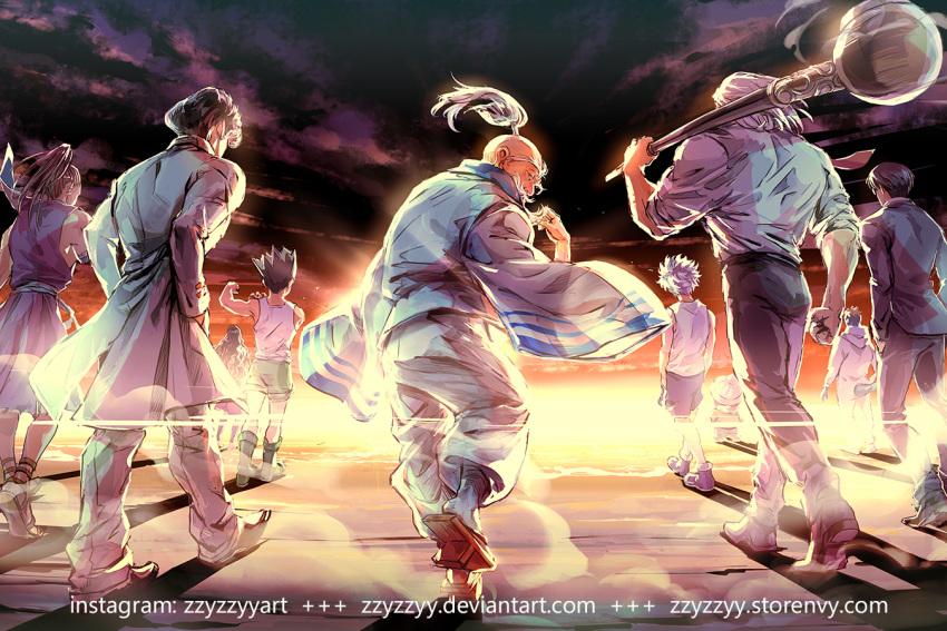 1girl 6+boys beard belt biceps black_hair black_pants boots clenched_hand clouds cloudy_sky commentary deviantart_username english_commentary facial_hair facing_away flexing formal from_behind gakuran geta gon_freecss green_footwear green_shorts grey_shirt hands_in_pockets hunter_x_hunter ikalgo instagram_username isaac_netero killua_zoldyck kiseru knit_hat knov knuckle_bine long_hair long_sleeves looking_at_viewer looking_back meleoron messy_hair morel_mackernasey multiple_boys mustache necktie old_man palm_siberia pants pipe ponytail pose purple_footwear purple_shorts red_neckwear school_uniform shirt shirt_tucked_in shoes shoot_mcmahon short_hair shorts sky sleeveless sleeves_rolled_up smoke spiky_hair suit sunlight tail tank_top topknot twilight walking watermark web_address white_hair white_headwear white_pants white_tank_top zzyzzyy