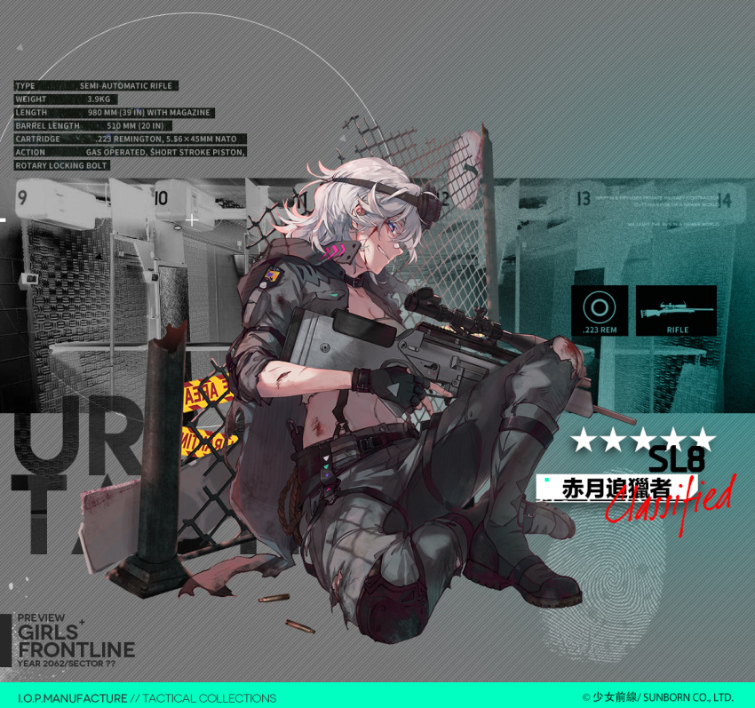 1girl artist_request assault_rifle black_gloves blood blood_on_face boots breasts camouflage camouflage_jacket camouflage_pants character_name choker commentary copyright_name damaged english_text eyebrows_visible_through_hair eyewear_on_head fingerless_gloves girls_frontline gloves gun hair_between_eyes holding holding_weapon jacket looking_at_viewer medium_hair official_art pants rifle silver_hair sitting_on_floor sl8_(girls_frontline) solo violet_eyes weapon