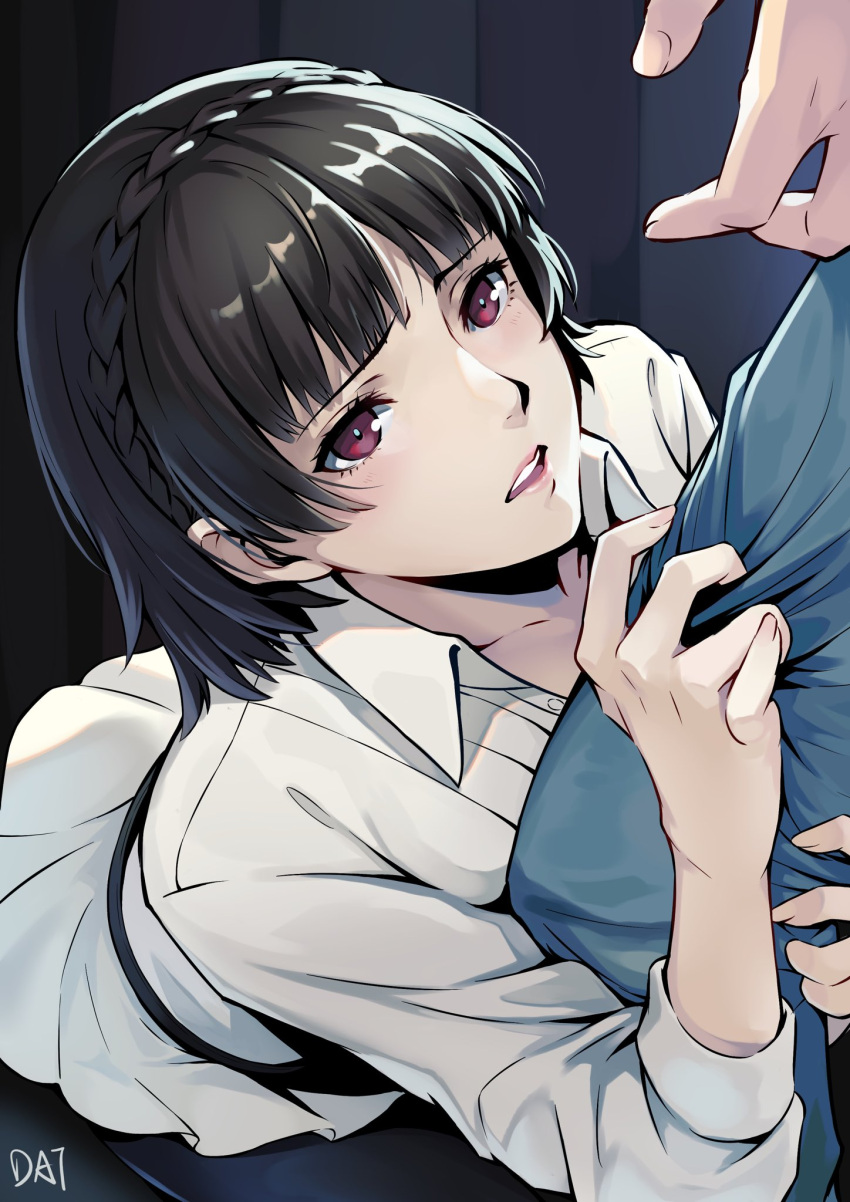 1girl black_hair blue_shirt braid brown_eyes collared_dress commentary_request crown_braid da-cart dress from_above highres niijima_makoto parted_lips persona persona_5 shirt shirt_grab short_hair signature white_dress