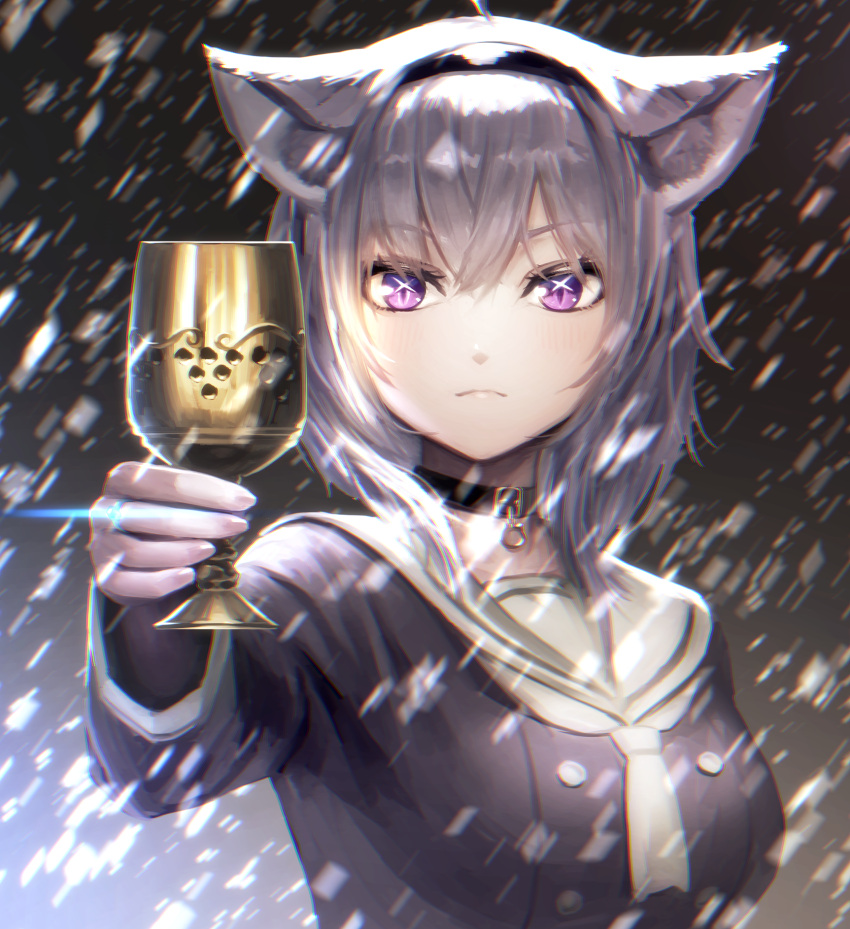 +_+ 1girl animal_ears arm_up black_choker black_serafuku blizzard breasts cat_ears chalice choker commentary_request cup expressionless eyebrows_visible_through_hair fingernails giving glint hair_between_eyes hairband highres holding holding_cup hololive jewelry light_frown long_sleeves looking_at_viewer medium_breasts nekomata_okayu noname_(metaldragonfly) outstretched_arm pendant ring sailor_collar school_uniform serafuku short_hair silver_hair slit_pupils snowing solo standing upper_body violet_eyes virtual_youtuber white_neckwear white_sailor_collar