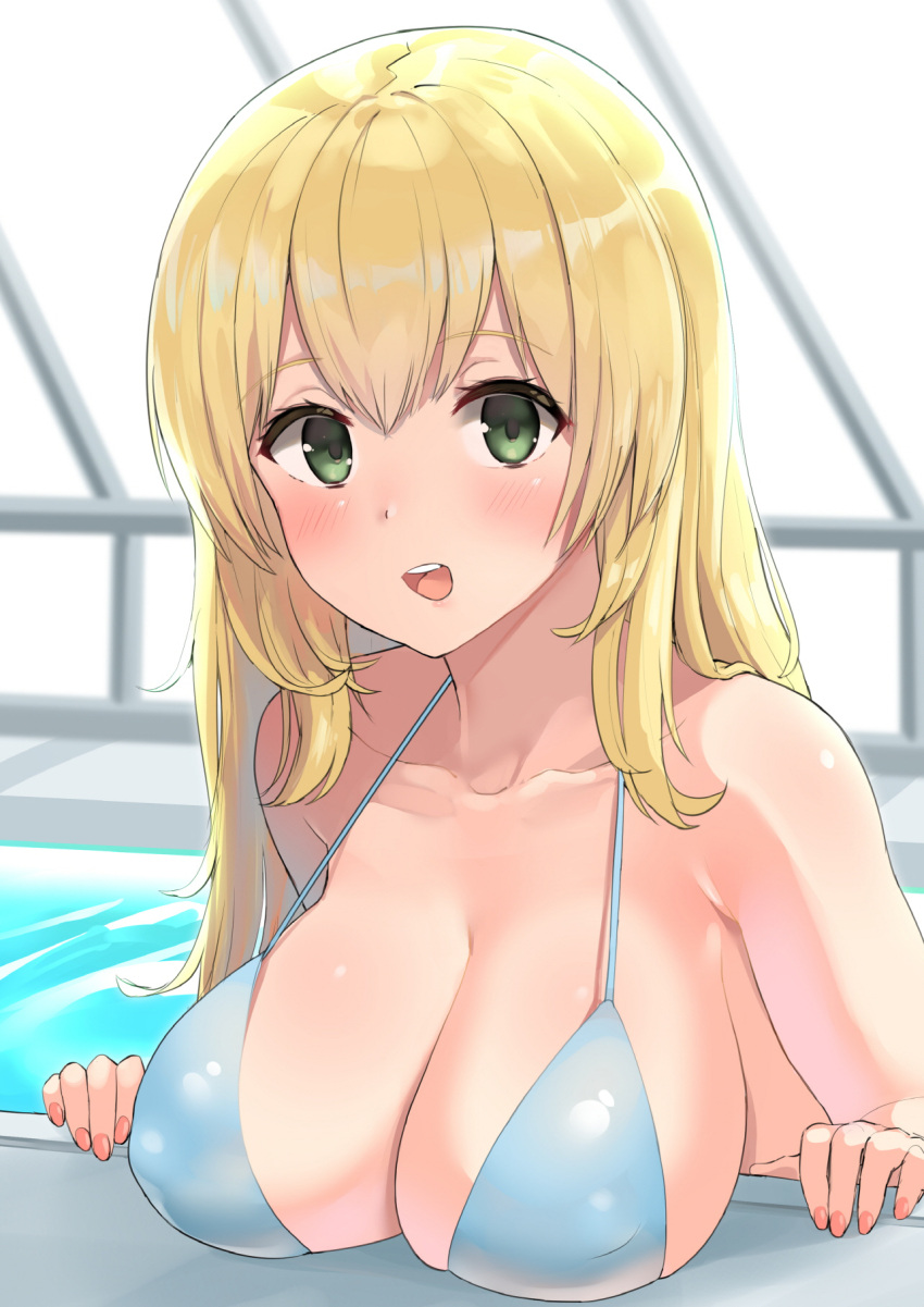 1girl atago_(kantai_collection) bikini blonde_hair blue_bikini blush breasts collarbone fingernails green_eyes highres kantai_collection large_breasts long_hair looking_at_viewer open_mouth osananajimi_neko rei_no_pool sidelocks solo swimsuit upper_body