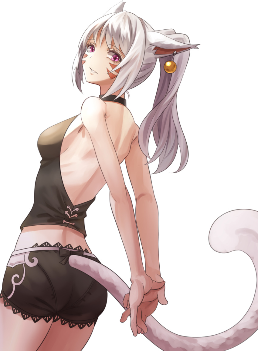 1girl arms_behind_back bangs bare_back bare_shoulders black_shorts breasts cat_girl cat_tail cross-laced_clothes earrings facial_mark final_fantasy final_fantasy_xiv hands_together highres jewelry long_hair looking_at_viewer looking_back medium_breasts miqo'te ojiki pantylines ponytail shirt shorts sideboob sidelocks simple_background sleeveless sleeveless_shirt solo tail violet_eyes white_background white_hair