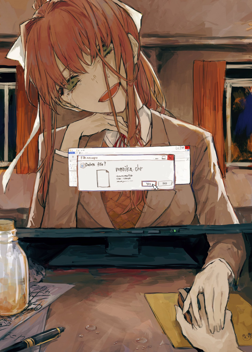 1girl 1other bangs bow breasts brown_hair brown_jacket crying crying_with_eyes_open curtains desk doki_doki_literature_club green_eyes hair_bow head_rest highres holding_hand holding_mouse_(computer) jacket large_breasts long_hair long_sleeves looking_at_viewer monika_(doki_doki_literature_club) monitor mouse_(computer) open_mouth pen ponytail postal_mark_(tsu_qq) ribbon shirt sitting smile solo_focus spoilers tears through_screen upper_body white_bow white_shirt window window_(computing)