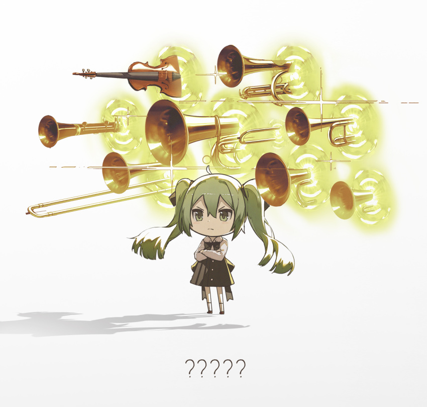 1girl ? ahoge bangs black_bow black_skirt bow chibi closed_mouth collared_shirt crossed_arms floating_hair gate_of_babylon green_eyes green_hair grey_background hair_between_eyes hatsune_miku highres instrument instrument_request kieed long_hair long_sleeves pleated_skirt shadow shirt skirt socks solo standing trumpet twintails v-shaped_eyebrows very_long_hair vocaloid white_legwear white_shirt