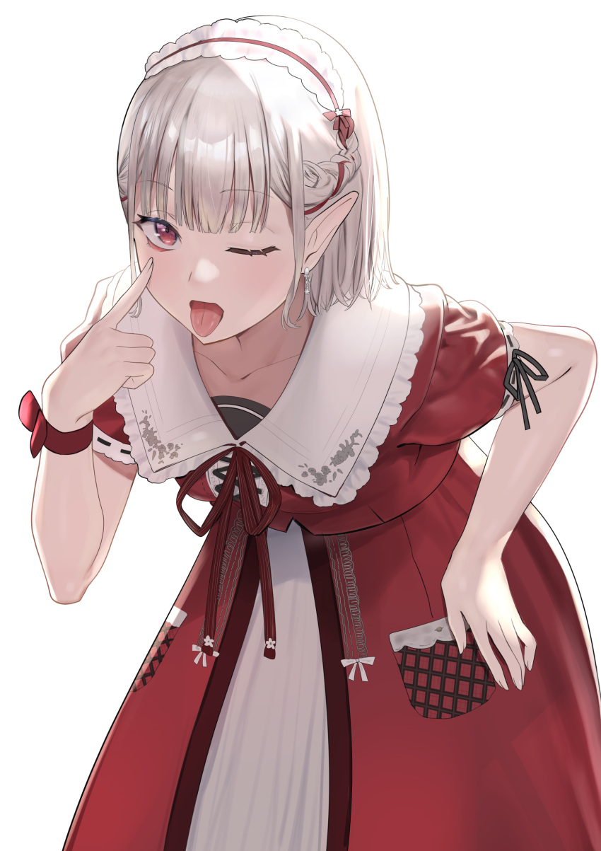 1girl absurdres akanbe bangs braid dress earrings elf elu_(nijisanji) eyebrows_visible_through_hair finger_to_cheek hand_on_hip highres jewelry leaning_forward looking_at_viewer maid_headdress momosuke_(ishakry) nijisanji one_eye_closed open_mouth pocket pointy_ears red_dress red_eyes ribbon short_hair short_sleeves simple_background solo tongue tongue_out virtual_youtuber white_background wrist_ribbon