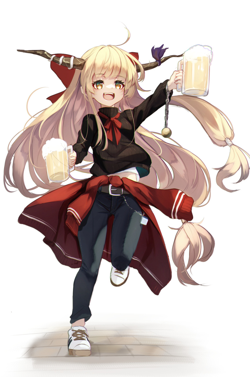 1girl :d ahoge alcohol beer beer_mug belt black_sweater blonde_hair bow brick_floor brown_belt casual clothes_around_waist contemporary cuffs cup denim eyebrows_visible_through_hair full_body hair_bow highres holding holding_cup horn_ornament horn_ribbon horns ibuki_suika jeans long_hair lumo_1121 midriff_peek mug neck_ribbon oni_horns open_mouth pants red_bow red_neckwear red_ribbon red_sweater ribbon shackles shoes simple_background smile sneakers sweater sweater_around_waist touhou very_long_hair white_background white_footwear yellow_eyes