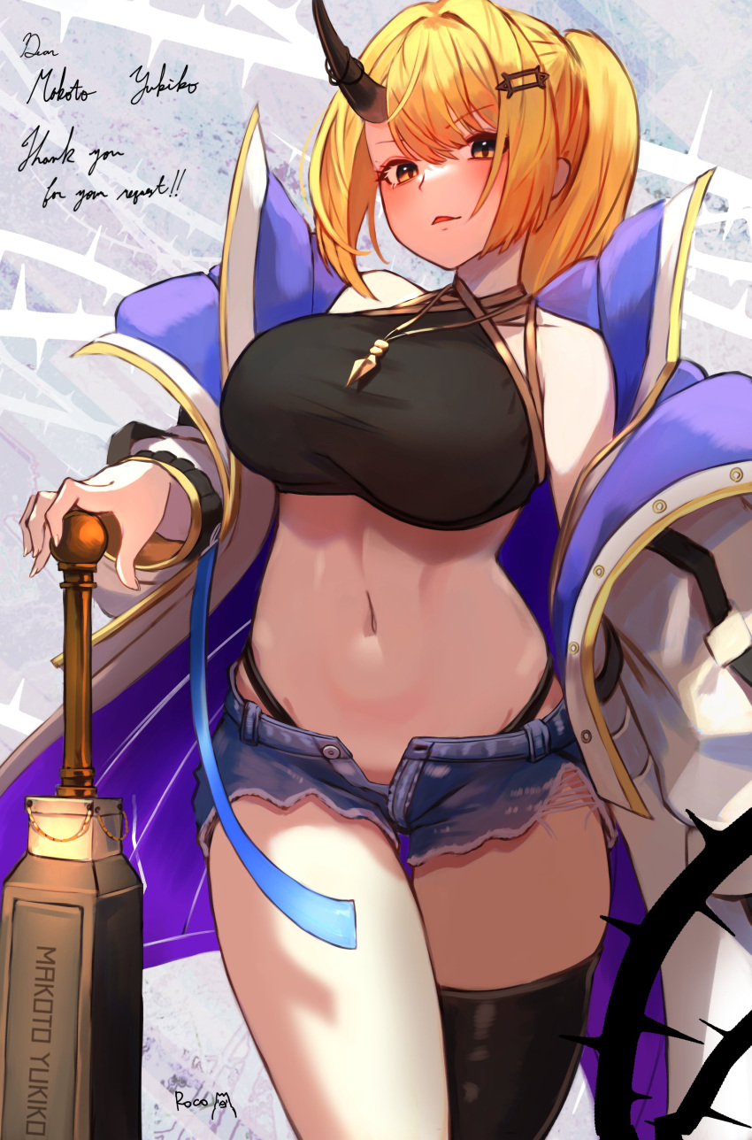 1girl absurdres bare_shoulders black_legwear blonde_hair breasts commission cowboy_shot crop_top denim denim_shorts hair_ornament hairclip hand_on_weapon highleg highleg_panties highres horn_ornament horns jacket jewelry large_breasts long_hair midriff navel necklace off_shoulder open_clothes open_fly open_jacket open_pants original panties pants parted_lips ponytail roco_(rocoroco1115) shirt short_shorts shorts sidelocks single_horn single_thighhigh skeb_commission sleeveless sleeveless_shirt solo thigh-highs underwear yellow_eyes