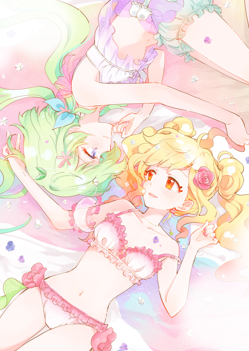 aikatsu!_(series) aikatsu_stars! aqua_bloomers armpit_crease babydoll bare_arms bare_legs bare_shoulders bed_sheet bellflower blonde_hair bloomers blue_eyes blue_ribbon blush bra breasts collarbone commentary detached_sleeves eyebrows_visible_through_hair fetal_position flower flower_panties flower_request four-leaf_clover_necklace frilled_bra frilled_panties frills futaba_aria gradient gradient_hair green_hair hair_flower hair_leaf hair_ornament hair_ribbon highres lingerie lips long_hair looking_at_another low_twintails lying midriff multicolored multicolored_eyes multicolored_hair nail_polish navel nijino_yume on_back on_side orange_eyes panties pink_bra pink_eyes pink_flower pink_hair pink_lips pink_nails pink_panties pink_rose popoin purple_babydoll purple_nails ribbon rose see-through_sleeves sideways_mouth single_sleeve small_breasts smile spaghetti_strap stomach strap_slip thigh_gap twintails underwear underwear_only yuri