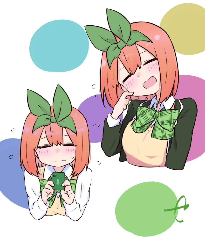 1girl bangs black_jacket blazer blush breasts cellphone closed_eyes closed_mouth collared_shirt commentary_request cropped_torso eyebrows_behind_hair facing_viewer flying_sweatdrops go-toubun_no_hanayome green_ribbon hair_between_eyes hair_ribbon hand_up hands_up head_tilt highres holding holding_phone jacket kujou_karasuma long_sleeves medium_breasts multiple_views nakano_yotsuba open_blazer open_clothes open_jacket open_mouth phone ribbon shirt signature sweater_vest upper_body wavy_mouth white_background white_shirt