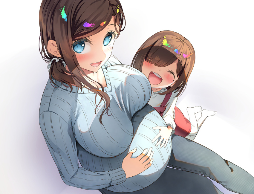 2girls :d ^_^ asahina_hikage big_belly black_pants blue_eyes blue_sweater breasts brown_hair character_request closed_eyes commentary_request eyebrows_visible_through_hair getsuyoubi_no_tawawa hair_ornament hair_over_one_eye hairclip hands_on_another's_stomach hands_on_own_stomach kouhai-chan_(tawawa) large_breasts long_hair long_sleeves looking_at_viewer mole mole_under_eye multiple_girls open_mouth pants pregnant short_hair sitting smile sweater
