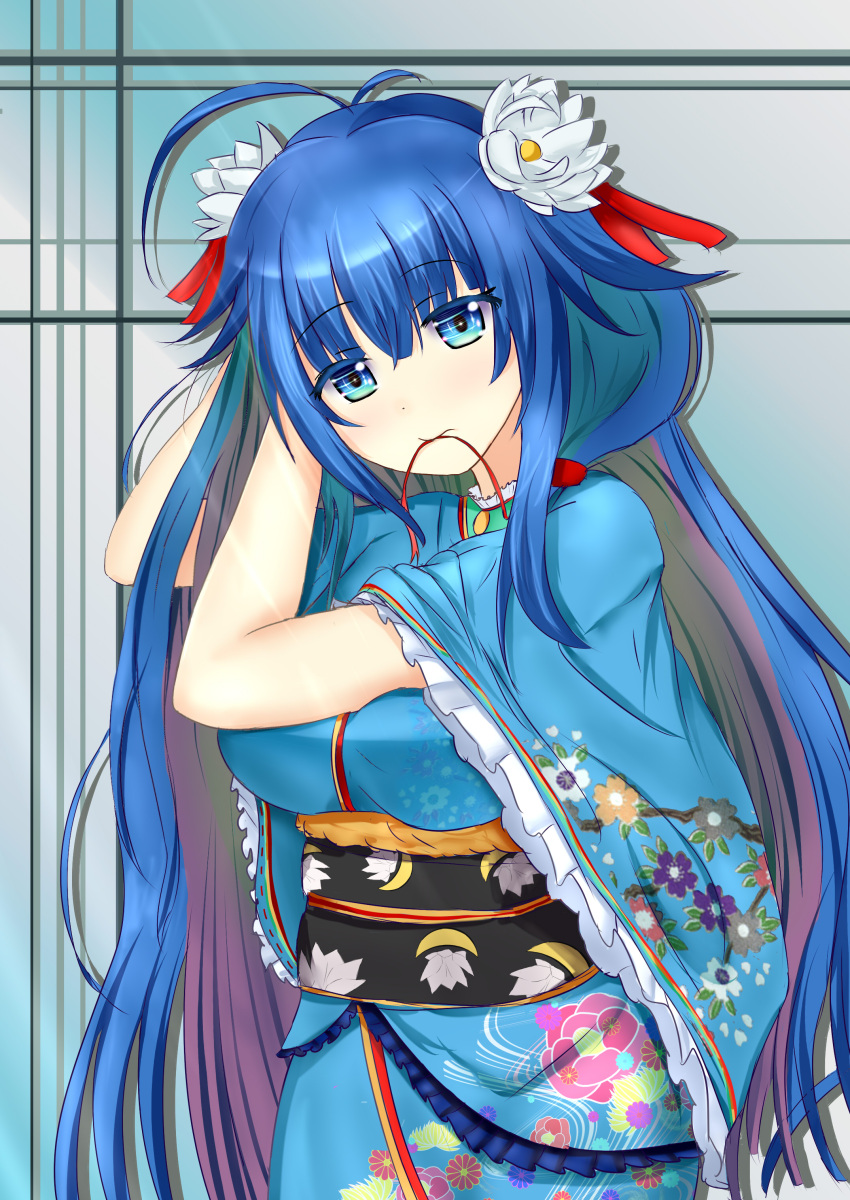 1girl absurdres adjusting_hair ahoge blue_eyes blue_hair blue_kimono blue_sky breasts commentary floral_print flower frilled_sleeves frills hair_flaps hair_flower hair_ornament hands_in_hair hands_up highres japanese_clothes kimono large_breasts long_hair looking_at_viewer lotus mouth_hold mr_lobster multicolored_hair obi purple_hair red_ribbon ribbon ribbon_in_mouth sash shironeko_project sidelocks sky solo towa_(shironeko_project) two-tone_hair tying_hair very_long_hair wide_sleeves