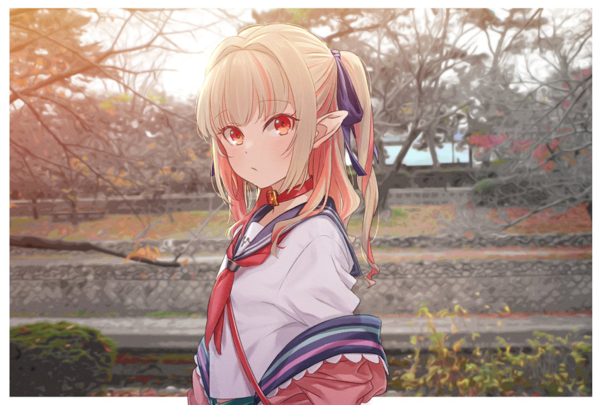 1girl autumn autumn_leaves backlighting bare_tree black_ribbon border collar grey_hair hair_intakes hair_ribbon highres jacket long_hair looking_at_viewer makaino_ririmu multicolored_hair neckerchief nijisanji off_shoulder open_clothes open_jacket outdoors photo_background pink_hair pink_jacket pointy_ears red_collar red_eyes red_neckerchief ribbon sabamen sailor_collar shirt solo streaked_hair tree two-tone_hair two_side_up upper_body virtual_youtuber white_border white_shirt