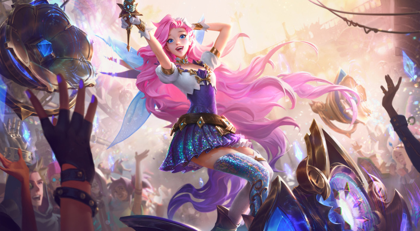 1girl belt black_gloves blue_eyes boots dress fingerless_gloves fingernails gloves happy highres holding izaskun league_of_legends lips long_hair looking_at_another looking_at_viewer outdoors people pink_hair puffy_short_sleeves puffy_sleeves seraphine_(league_of_legends) short_dress short_sleeves smile solo_focus tagme very_long_hair white_gloves