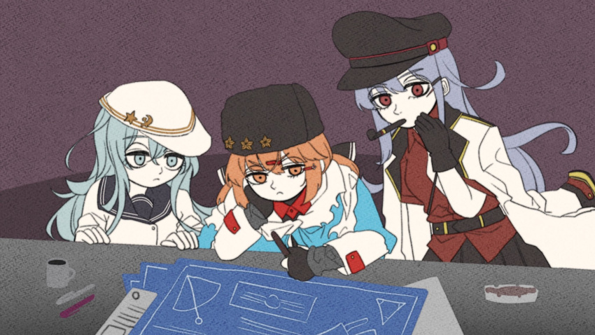 3girls anno88888 bangs black_gloves black_headwear black_skirt blueprint brown_eyes brown_hair closed_mouth cup fingerless_gloves flat_cap gangut_(kantai_collection) gloves grey_hair hair_ornament hair_ribbon hairclip hammer_and_sickle hat hibiki_(kantai_collection) highres jacket jacket_on_shoulders kantai_collection long_hair long_sleeves mouth_hold multiple_girls papakha parody pen pipe pleated_skirt red_eyes red_shirt ribbon scarf shawl shirt silver_hair simple_background skirt star_(symbol) table tashkent_(kantai_collection) torn_scarf verniy_(kantai_collection) white_headwear white_scarf