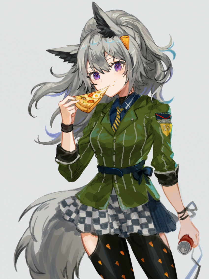 1girl animal_ears arknights bangs blue_shirt can checkered checkered_skirt clothing_cutout cowboy_shot eating food grani_(arknights) grani_(miraculous_moment)_(arknights) green_shirt grey_background hair_ornament hairclip highres holding holding_can holding_food holding_pizza horse_ears horse_tail leggings long_hair long_sleeves looking_at_viewer miniskirt necktie official_alternate_costume pizza pizza_slice ponytail shirt silver_hair simple_background skirt solo spacelongcat standing striped striped_shirt tail thigh_cutout vertical-striped_shirt vertical_stripes violet_eyes yellow_neckwear