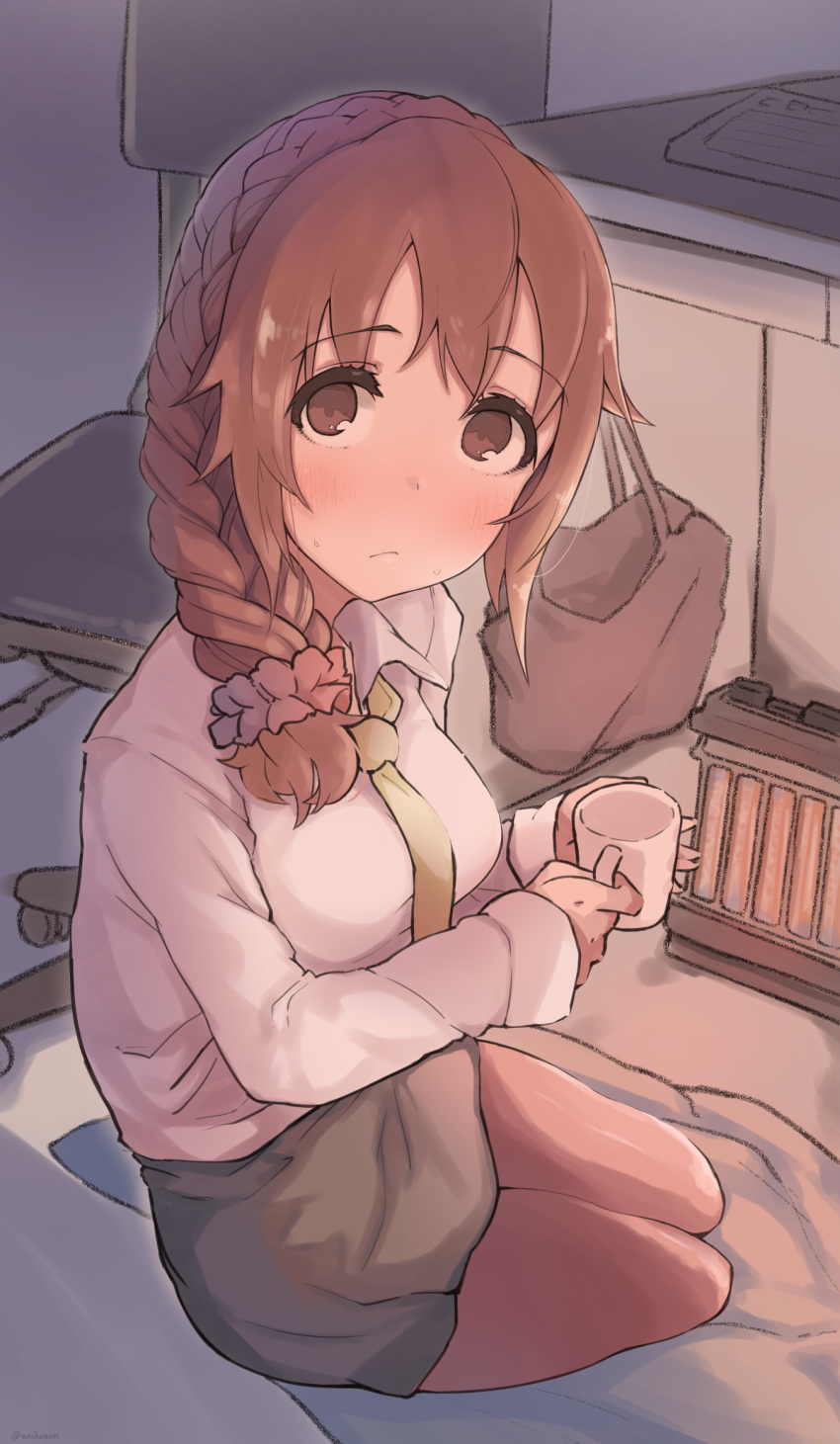 1girl bag blush braid brown_eyes brown_hair chair closed_mouth cup futon hair_over_shoulder hair_ribbon heater highres holding holding_cup idolmaster idolmaster_cinderella_girls long_hair looking_at_viewer mug office office_chair pantyhose pencil_skirt ribbon senkawa_chihiro shirt sitting skirt solo white_shirt woshinon