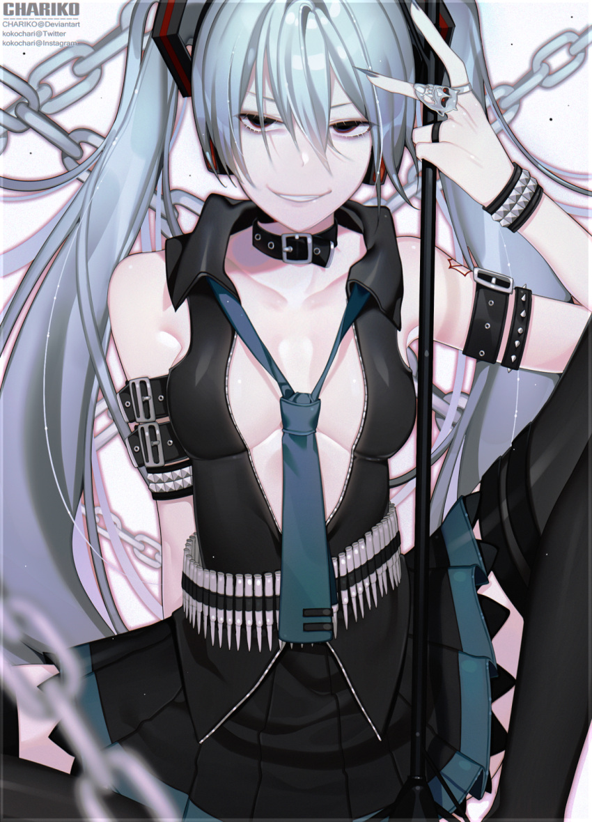 1girl ammunition belt black_collar black_eyes black_legwear black_shirt black_skirt blue_neckwear breasts chain chariko collar collarbone grin hagane_miku hair_between_eyes headphones highres holding holding_microphone_stand jewelry light_blue_hair long_hair medium_breasts microphone_stand necktie ring shirt skirt sleeveless sleeveless_shirt smile spread_legs studded_bracelet twintails unzipped v very_long_hair vocaloid watermark white_background