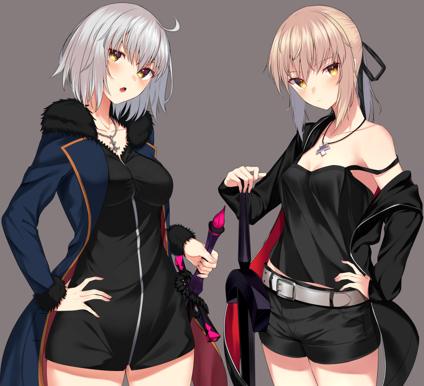 2girls absurdres artoria_pendragon_(all) bangs belt black_dress black_jacket black_ribbon black_shirt black_shorts blonde_hair blue_coat blush camisole closed_mouth coat commentary_request cowboy_shot cross cross_necklace dress excalibur_morgan eyebrows_visible_through_hair fate/grand_order fate_(series) frown fur-trimmed_coat fur_trim grey_background hair_ribbon hand_on_hip head_tilt highres holding holding_sword holding_weapon jacket jeanne_d'arc_(alter)_(fate) jeanne_d'arc_(fate)_(all) jet_black_king_of_knights_ver._shinjuku_1999 jewelry jun_(aousa0328) long_sleeves looking_at_viewer medium_hair multiple_girls necklace off_shoulder open_clothes open_coat open_jacket open_mouth ponytail ribbon saber_alter shirt short_dress short_hair short_shorts shorts sidelocks silver_hair simple_background standing strap_slip sword weapon white_belt wicked_dragon_witch_ver._shinjuku_1999 yellow_eyes
