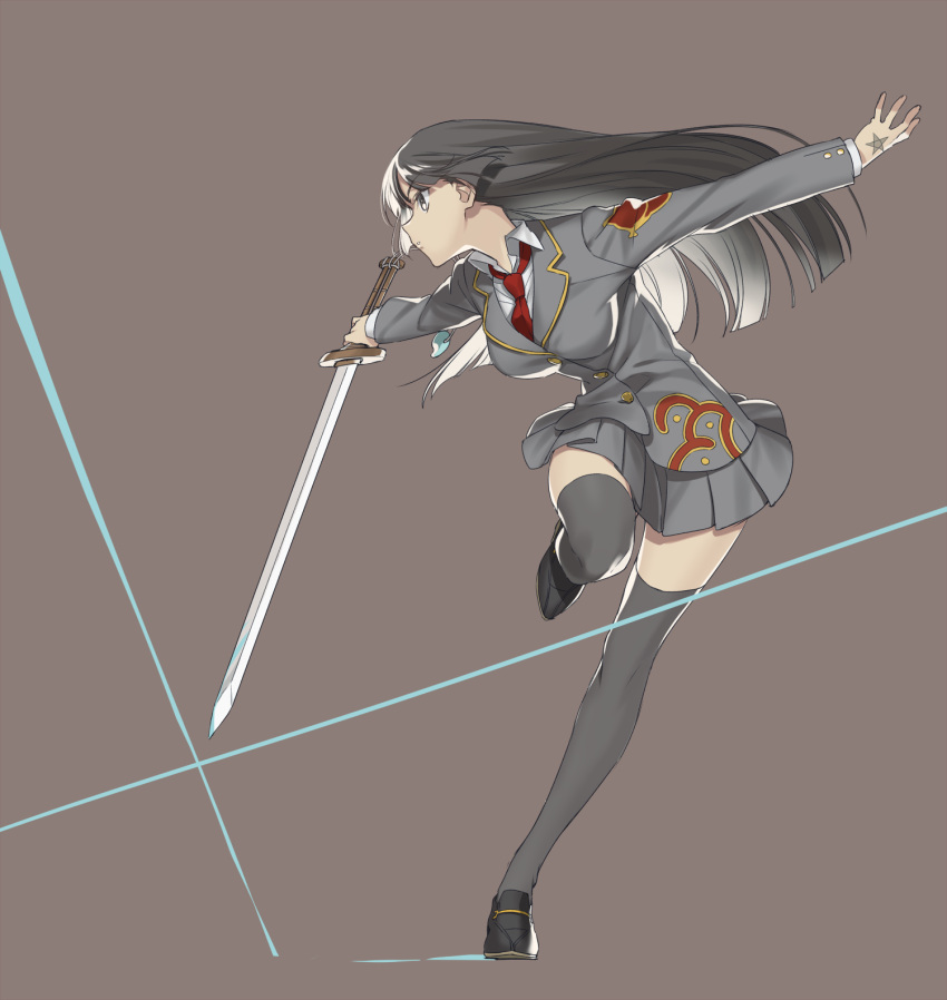 1girl bangs black_hair breasts buttons collared_shirt fighting_stance floating_hair full_body grey_eyes grey_skirt highres holding holding_sword holding_weapon leg_up long_hair long_sleeves master_2_(tokyo_houkago_summoners) nagiko_(mangalove1111) necktie red_neckwear school_uniform shirt shoes simple_background skirt smile solo sword thigh-highs thighs tokyo_houkago_summoners weapon white_shirt wind wind_lift