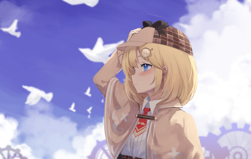 1girl absurdres arm_up bangs beige_capelet bird blonde_hair blue_eyes blue_sky blush capelet clouds commentary gears hair_ornament hairclip hand_on_headwear hat highres hololive hololive_english klaius long_sleeves looking_away medium_hair monocle_hair_ornament necktie profile red_neckwear shirt sky solo upper_body virtual_youtuber watson_amelia white_shirt