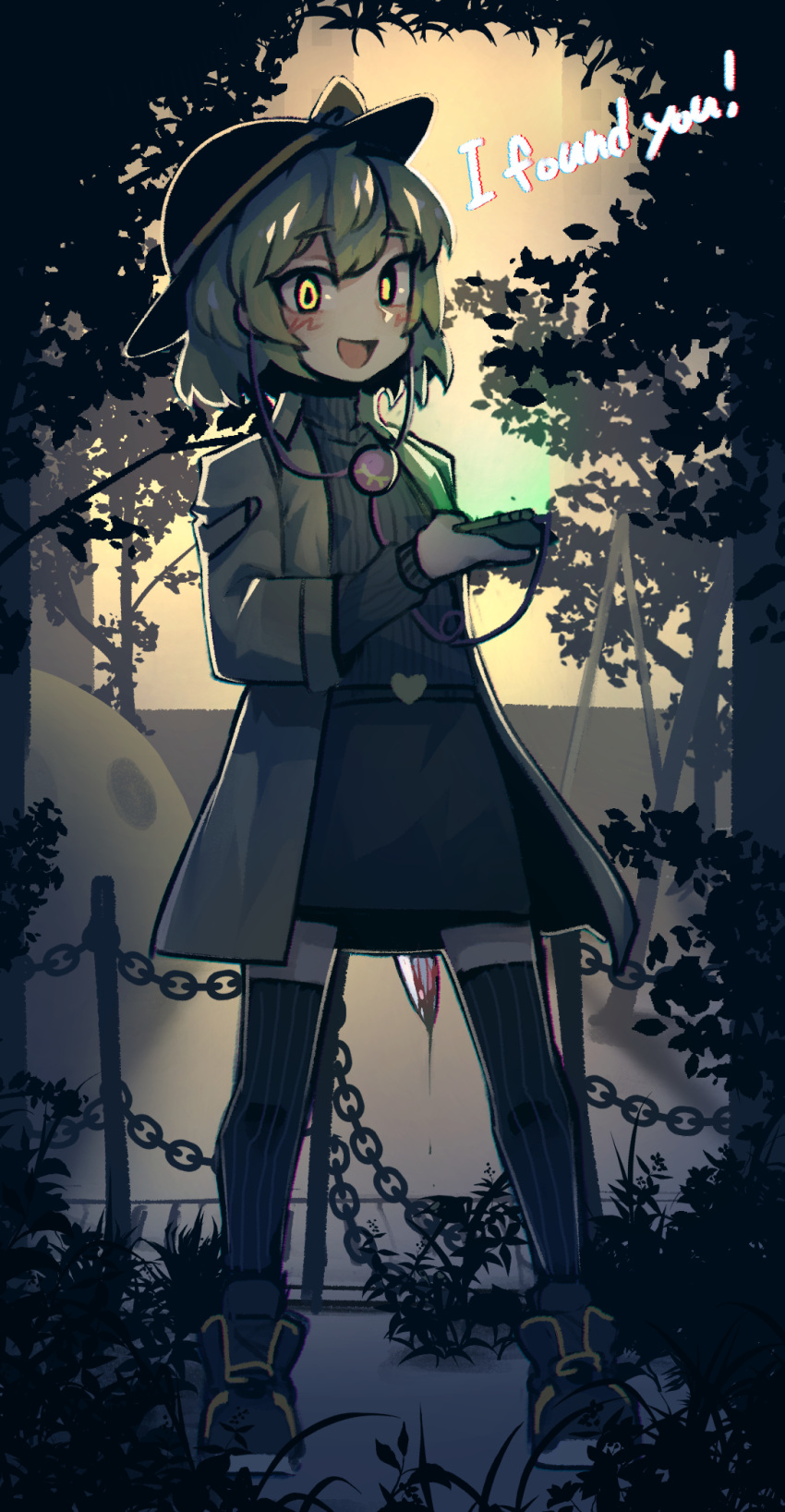 1girl adapted_costume bangs black_footwear black_legwear blood bloody_weapon blush bow bush cellphone concealed_weapon earphones english_text eyeball eyebrows_visible_through_hair green_hair hat hat_bow heart hiding highres holding holding_knife holding_phone jacket knife komeiji_koishi long_sleeves looking_at_viewer open_mouth park phone pigeoncrow ribbon skirt solo standing sweater touhou turtleneck turtleneck_sweater wavy_hair weapon yellow_eyes yellow_ribbon
