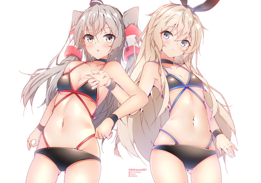 2girls amatsukaze_(kantai_collection) bikini black_bikini blonde_hair brown_eyes cowboy_shot flat_chest grey_eyes hair_tubes harukawa_(hal501) highres kantai_collection long_hair looking_at_viewer multiple_girls shimakaze_(kantai_collection) silver_hair simple_background swimsuit symmetry two_side_up white_background windsock wristband