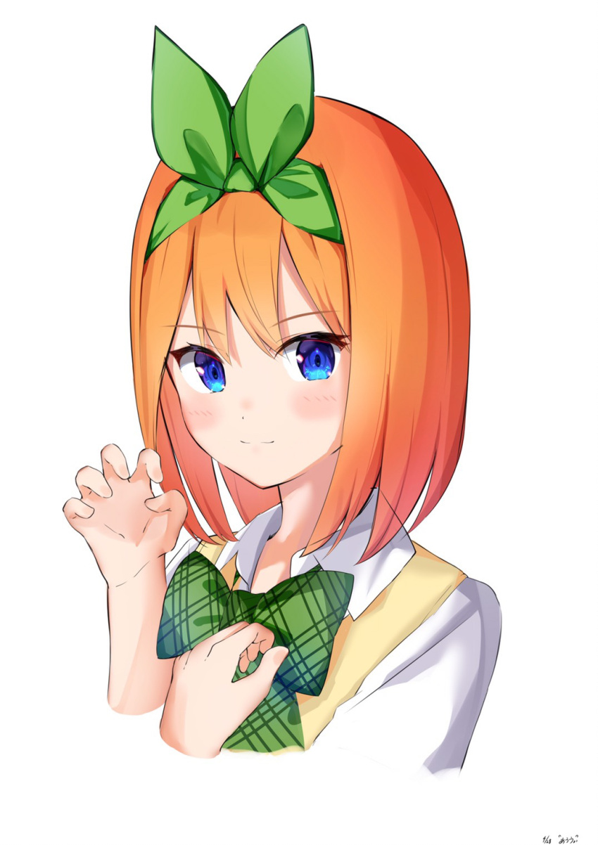 1girl auui bangs blue_eyes blush bow claw_pose closed_mouth collared_shirt commentary_request cropped_torso eyebrows_visible_through_hair go-toubun_no_hanayome green_bow green_ribbon hair_between_eyes hair_ribbon hands_up highres looking_at_viewer nakano_yotsuba orange_hair ribbon shirt simple_background smile solo sweater_vest upper_body white_background white_shirt