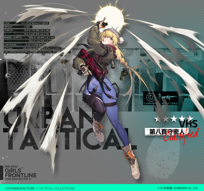 1girl artist_request blonde_hair blue_eyes blue_legwear blush bodysuit bodysuit_under_clothes boots braid brown_gloves camouflage_jacket character_name closed_mouth commentary copyright_name english_text explosive eyebrows_visible_through_hair girls_frontline gloves grenade hair_ornament hand_up hat holding holding_weapon jacket jumping leg_strap leggings legs long_hair looking_at_viewer official_art red_scarf scarf single_braid solo vhs-d2 vhs_(girls_frontline) weapon