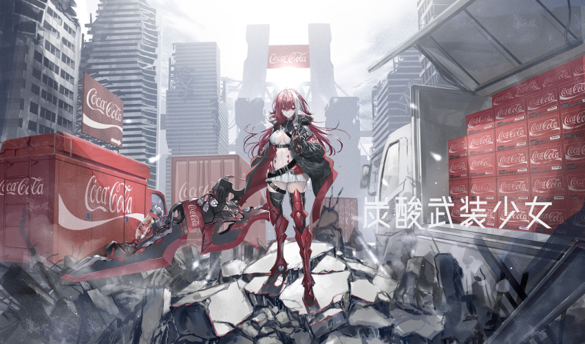 1girl belt black_coat black_legwear boots bottle breasts building center_opening city cityscape coat coca-cola debris dress full_body ground_vehicle heirou highres holding holding_sword holding_weapon huge_weapon large_breasts long_hair long_sleeves looking_at_viewer motor_vehicle multicolored_hair navel no_bra open_clothes open_coat original outdoors pleated_dress red_eyes red_footwear redhead revealing_clothes ruins solo standing stomach streaked_hair sword thigh-highs thigh_boots truck weapon white_dress wide_shot zettai_ryouiki