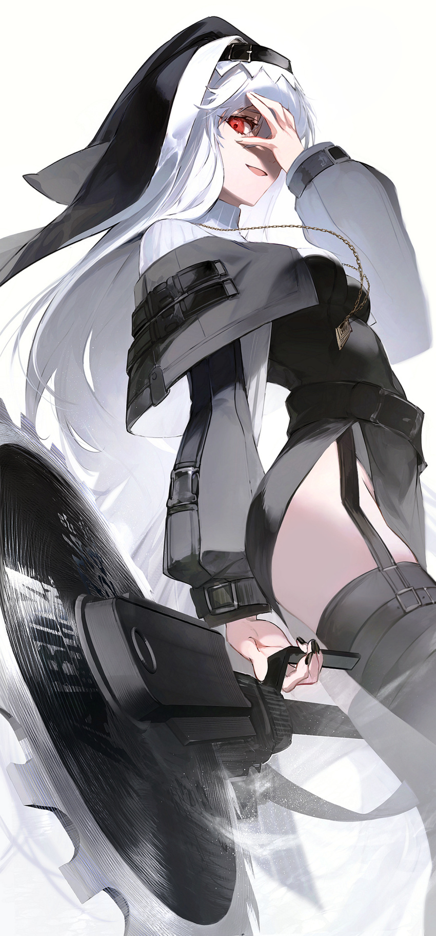 1girl absurdres arknights bangs black_footwear black_headwear black_legwear black_nails blush breasts capelet circular_saw coat covering_one_eye cowboy_shot garter_straps grey_capelet grey_coat grey_hair habit hair_between_eyes hand_up highres holding holding_weapon hoojiro jewelry long_hair looking_at_viewer nail_polish necklace nun off_shoulder open_clothes open_coat pelvic_curtain red_eyes saw small_breasts smile specter_(arknights) thigh-highs turtleneck weapon white_background
