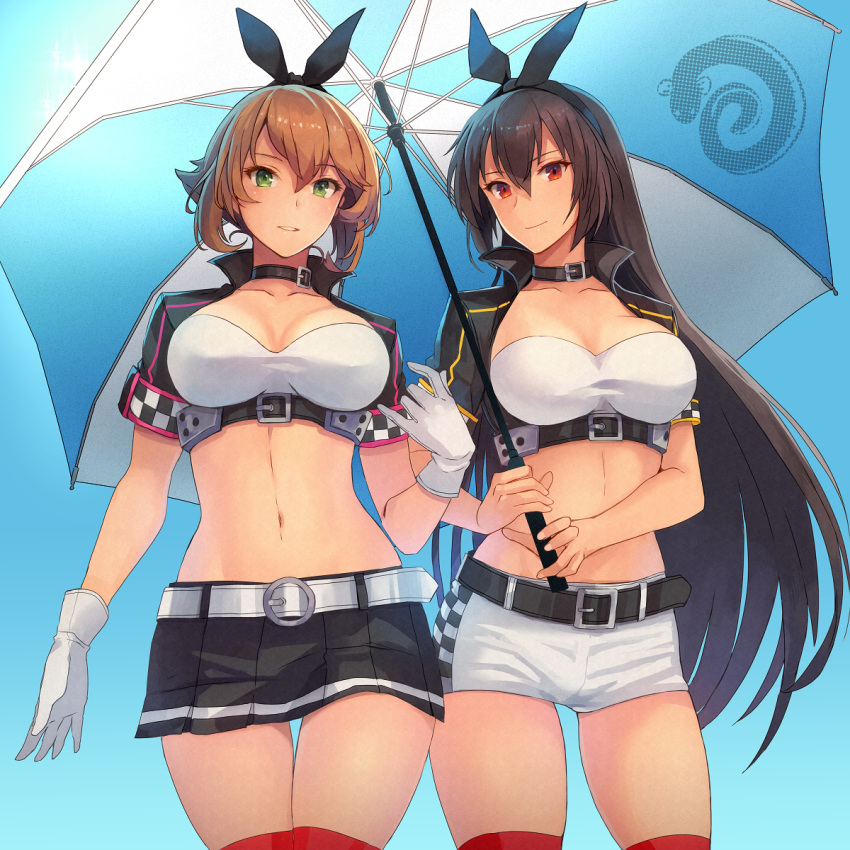 2girls alternate_costume bangs belt black_belt black_choker black_hair black_skirt blue_background blush breasts brown_hair choker commentary_request cropped_jacket eyebrows_visible_through_hair gloves green_eyes hair_between_eyes hairband highres holding holding_umbrella kantai_collection kasumi_(skchkko) large_breasts long_hair midriff miniskirt multiple_girls mutsu_(kantai_collection) nagato_(kantai_collection) navel parted_lips pleated_skirt racequeen red_eyes red_legwear short_hair shorts simple_background skirt smile thigh-highs umbrella white_belt white_gloves white_shorts