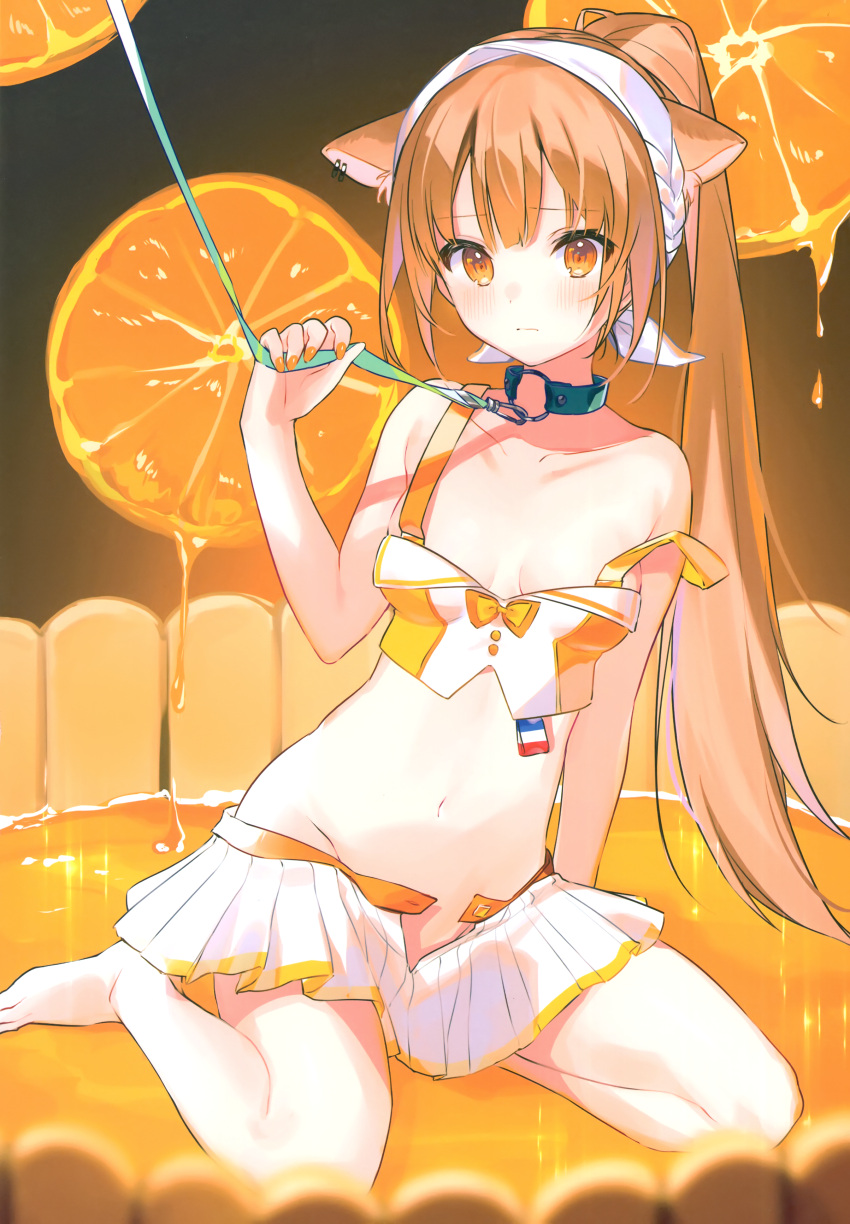 1girl absurdres animal_ears bare_arms bare_shoulders barefoot breasts cat_ears collar collarbone cona_kinaco crop_top food frown fruit groin hair_ribbon hand_up highres holding leash long_hair looking_at_viewer midriff miniskirt nail_polish navel open_clothes open_skirt orange orange_eyes orange_hair orange_nails orange_slice orange_theme original pleated_skirt ponytail ribbon scan seiza shirt sitting skirt sleeveless sleeveless_shirt small_breasts solo stomach strap_slip thighs very_long_hair white_skirt