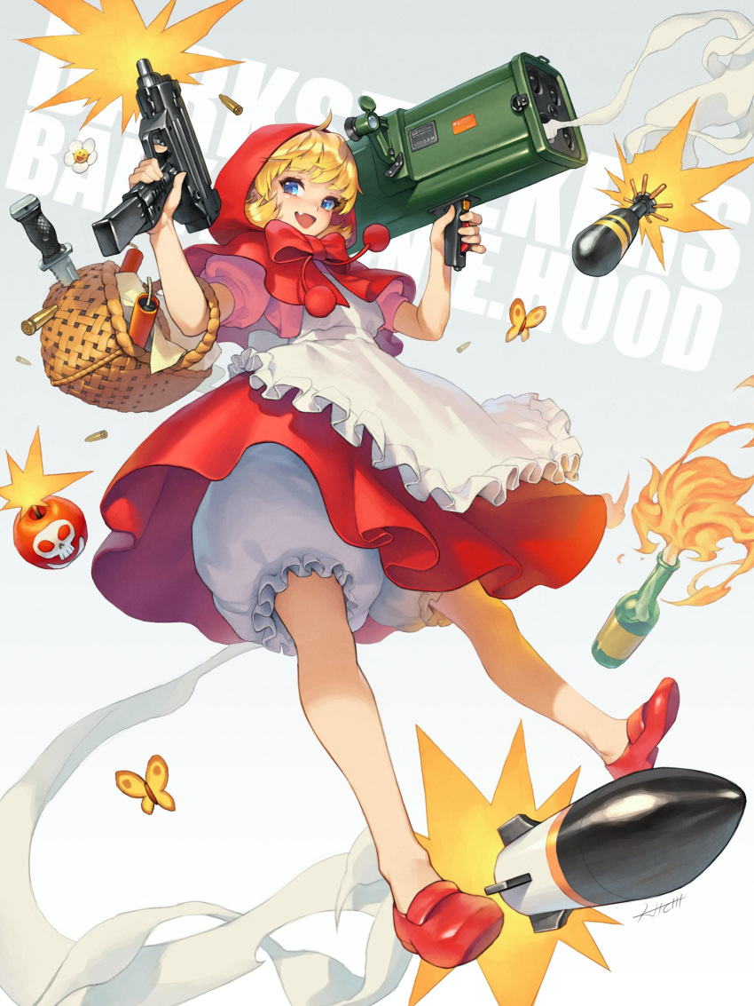 1girl absurdres basket blonde_hair blue_eyes bomb bottle bug bullet bulleta butterfly capelet character_name closed_mouth copyright_name dynamite english_commentary english_text flower gun hair_between_eyes handgun hichi highres holding holding_gun holding_weapon hood hood_up insect knife looking_at_viewer missile pistol red_capelet red_footwear red_hood red_ribbon ribbon rocket_launcher short_hair simple_background smile solo vampire_(game) weapon white_background wine_bottle