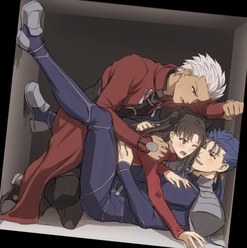 2boys archer black_bodysuit black_footwear black_pants black_ribbon blue_bodysuit blue_hair blush bodysuit brown_hair brown_legwear commentary_request cu_chulainn_(fate)_(all) dark_skin dark_skinned_male earrings fang fate/stay_night fate_(series) grey_hair hair_ribbon hand_on_another's_chest highres jewelry kneeling lancer legs_up long_hair looking_at_another lying mondi_hl multiple_boys on_back one_eye_closed pants ponytail red_eyes red_sweater ribbon sandwiched shoes short_hair smile spiky_hair sweatdrop sweater tohsaka_rin